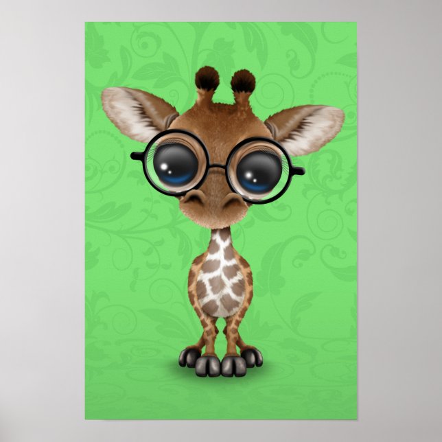Cute Nyfikna Baby Giraffe Wearing Glass på Grönt Poster (Framsidan)