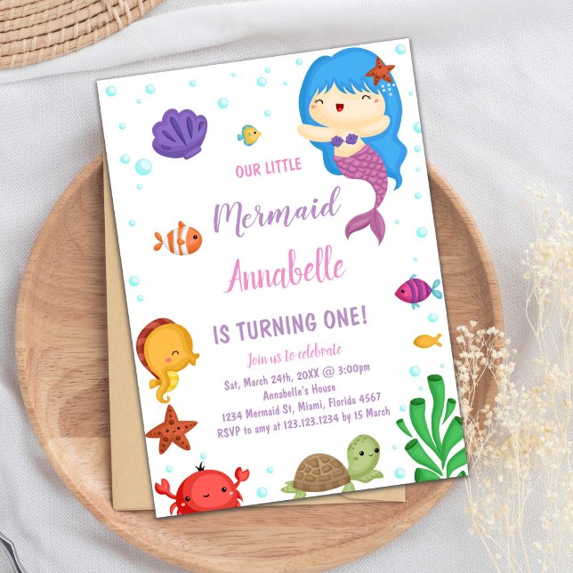 Cute Ocean Party Inbjudan för flickor (Little Blue heir Mermaid Invitations)