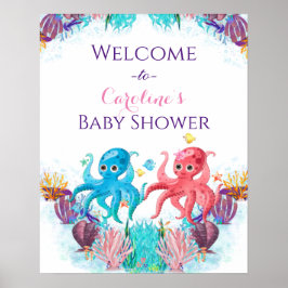 Cute Ocean Sea baby Twin Octopus - färgat välkomst Poster
