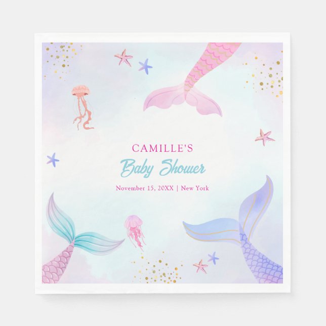 Cute Ocean Summer Sjöjungfru Svan Baby Shower Pappersservett (Framsidan)