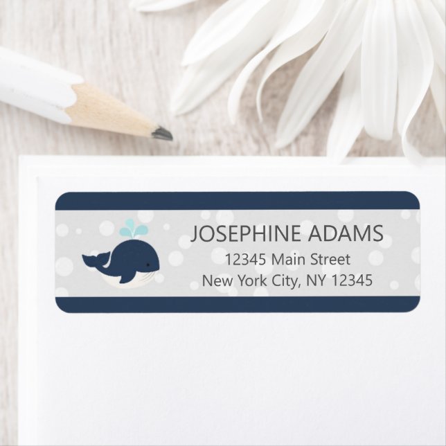 Cute Ocean Whale Navy Blue Returadress Etikett (Insitu)