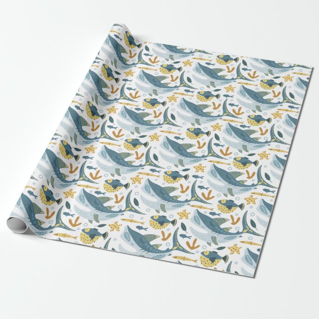 Cute Oceanen under Sea Shark Animals Mönster Presentpapper (Utrullad)