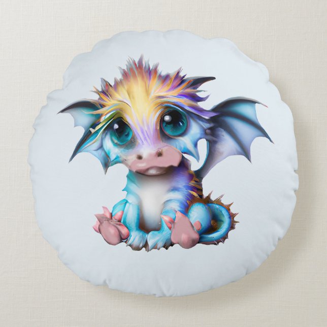 Cute och Adsible Kawaii Baby Dragon Rund Kudde (Framsidan)
