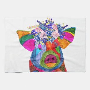Cute och Colorful Blommigt Gris Kitchen Towel Kökshandduk