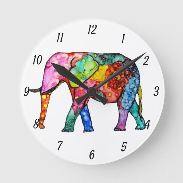 Cute och Colorful Elephant Clock Rund Klocka (Framsida)
