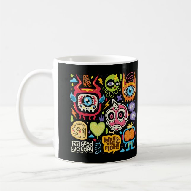 Cute och Colorful Hand plockade Monster Doodle Kaffemugg (Vänster)