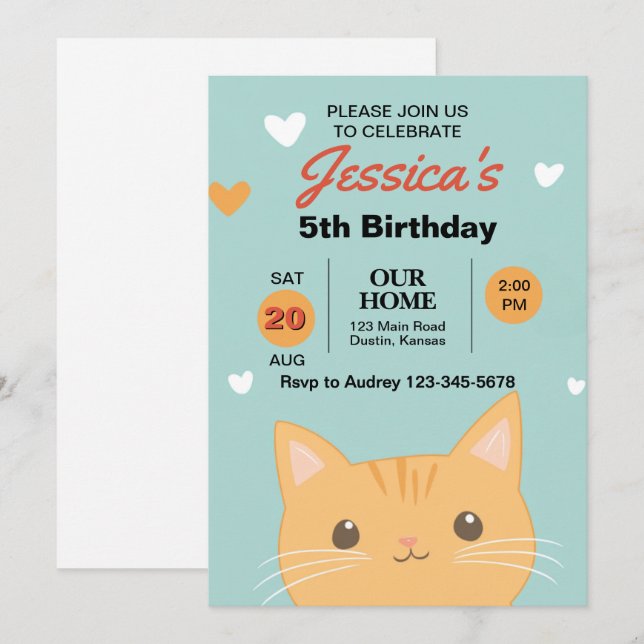 Cute och Colorful Kitten Födelsedagsfest Inbjudningar (Fram/baksida)