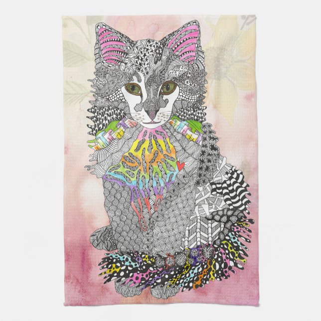 Cute och Colorful Pastel Watercolor Cat Paeing Kökshandduk (Vertikal)
