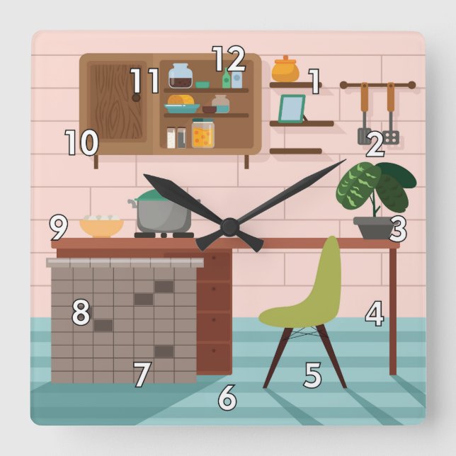 Cute och Colorful Retro Kitchen Fyrkantig Klocka (Framsida)