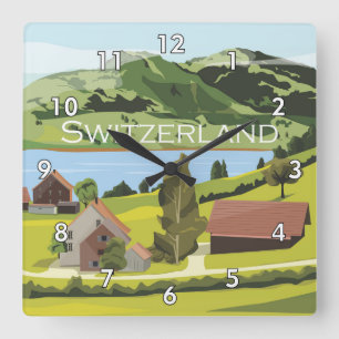 Cute och Colorful Schweiz Tecknad Teckning Fyrkantig Klocka