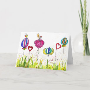 Cute och färgade blommor och fågeljingkort kort