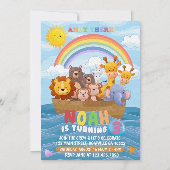 Cute och färgade Noahs födelsedagsinbjudan i Ark Inbjudningar (Framsida)
