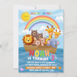 Cute och färgade Noahs födelsedagsinbjudan i Ark Inbjudningar