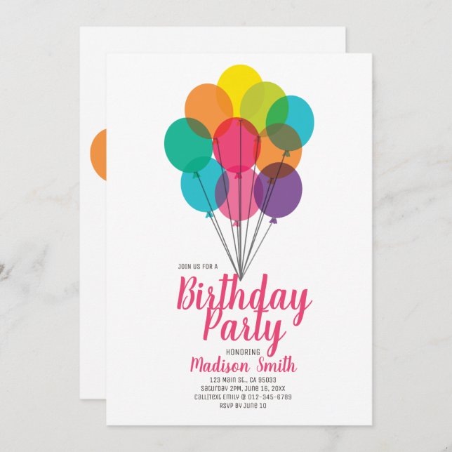Cute och färgämnen Ballonger, födelsedagsinbjudan Inbjudningar (Fram/baksida)