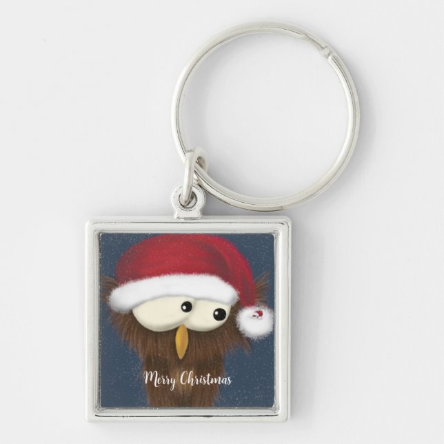 Cute och Festive Uggla Fyrkantig Silverfärgad Nyckelring (Framsidan)