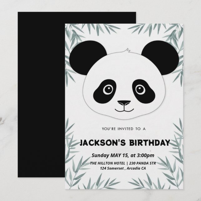 Cute och lekfull panda-themed-födelsedags inbjudningar (Fram/baksida)