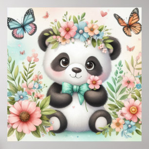Cute och lustig panda har bland blommor vattenfärg poster