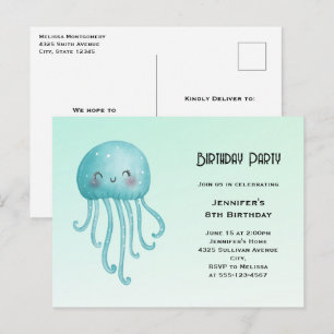 Cute och Lycklig Blue-Grönt Jellyfish Birthday Inbjudan Vykort
