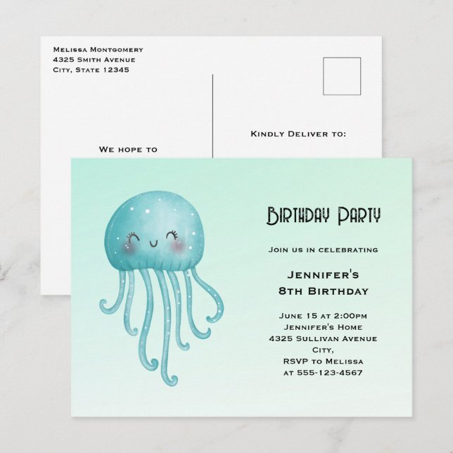 Cute och Lycklig Blue-Grönt Jellyfish Birthday Inbjudan Vykort (Fram/baksida)