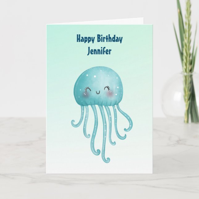 Cute och Lycklig Blue-Grönt Jellyfish Birthday Kort (Framsida)
