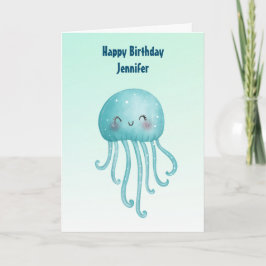 Cute och Lycklig Blue-Grönt Jellyfish Birthday Kort