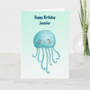 Cute och Lycklig Blue-Grönt Jellyfish Birthday Kort