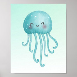 Cute och Lycklig Blue-Grönt Jellyfish Poster