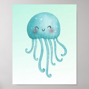 Cute och Lycklig Blue-Grönt Jellyfish Poster