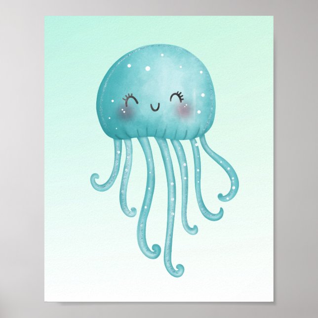 Cute och Lycklig Blue-Grönt Jellyfish Poster (Framsidan)