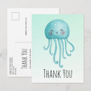 Cute och Lycklig Blue-Grönt Jellyfish Tack Vykort