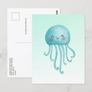 Cute och Lycklig Blue-Grönt Jellyfish Vykort