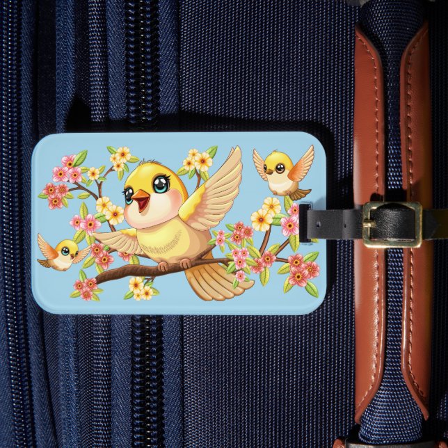 Cute- och Lycklig-fåglar bland Vår blommor Bagagebricka (Framsida Insitu 4)