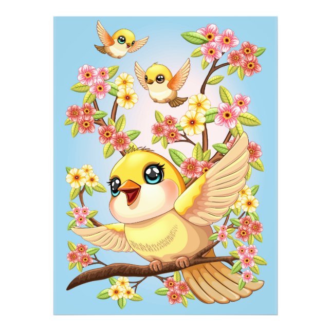 Cute- och Lycklig-fåglar bland Vår blommor Fototryck (Framsidan)