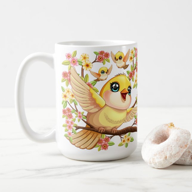 Cute- och Lycklig-fåglar bland Vår blommor Kaffemugg (Med munk)
