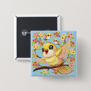 Cute- och Lycklig-fåglar bland Vår blommor Knapp