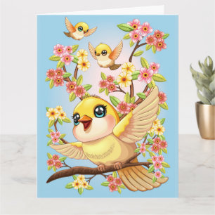 Cute- och Lycklig-fåglar bland Vår blommor Kort