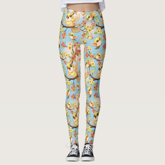 Cute- och Lycklig-fåglar bland Vår blommor Leggings (Framsida)