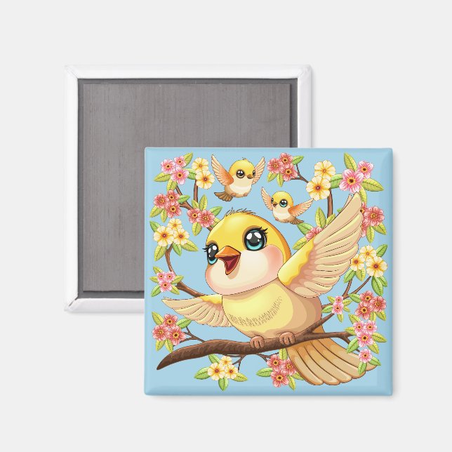 Cute- och Lycklig-fåglar bland Vår blommor Magnet (Front/Back)