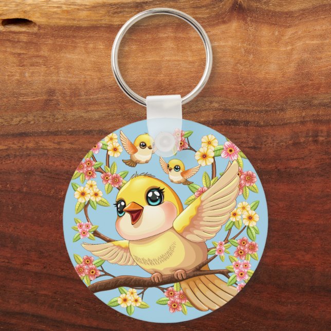 Cute- och Lycklig-fåglar bland Vår blommor Nyckelring (Framsida)