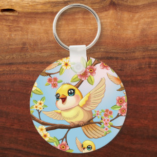 Cute- och Lycklig-fåglar bland Vår blommor Nyckelring