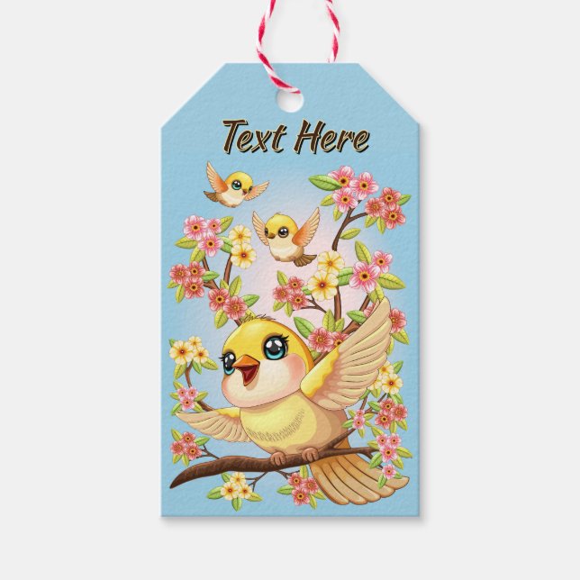 Cute- och Lycklig-fåglar bland Vår blommor Presentetikett (Framsidan)