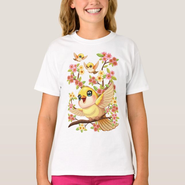 Cute- och Lycklig-fåglar bland Vår blommor T Shirt (Framsida)
