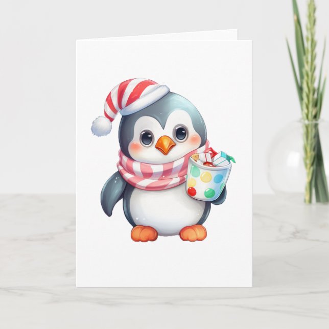 Cute och Lycklig Penguin med Snack BLANK Helgkort (Framsida)