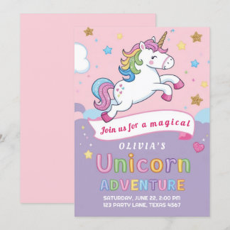 Cute och Magic Unicorn Rainbow Girl Birthday Inbjudningar