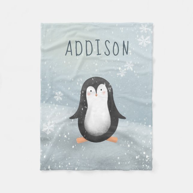 Cute och Modern Blue Winter Penguin Kids Fleecefilt (Framsidan)