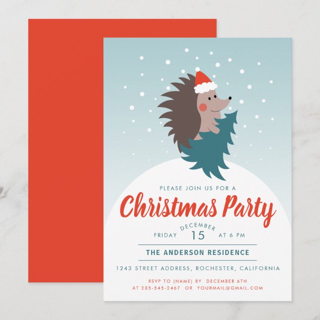 Cute och Modern Hedgehog-julen Party Inbjudningar (Fram/baksida)