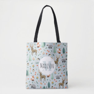 Cute och Modern Woodland Animals - Monogram Kids Tygkasse