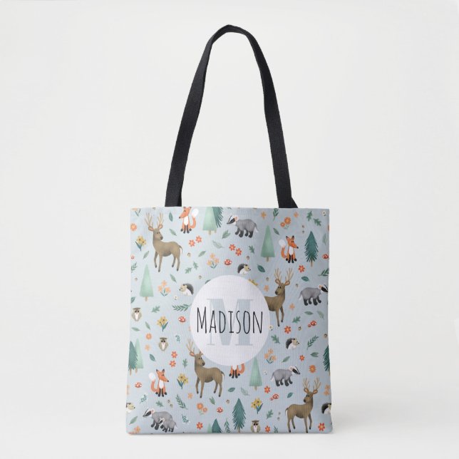 Cute och Modern Woodland Animals - Monogram Kids Tygkasse (Framsida)