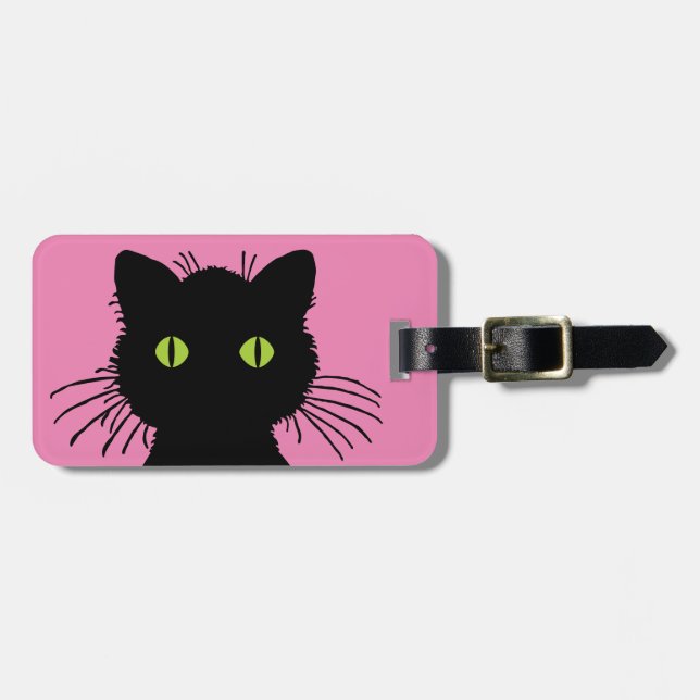 Cute och Nyfiken svart katt med stor Grönt Ögon Bagagebricka (Horisontell Framsida)