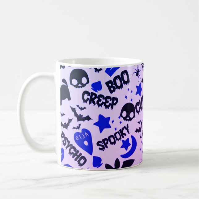 Cute och Roligt Lila, Blue och Black Halloween Kaffemugg (Vänster)